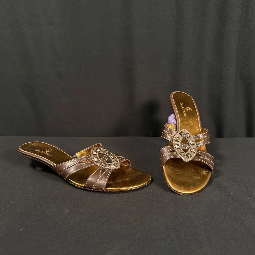 Cole Haan Brown Leather Studded Kitten Heel Slide Sandals D17471 Womens 8.5B